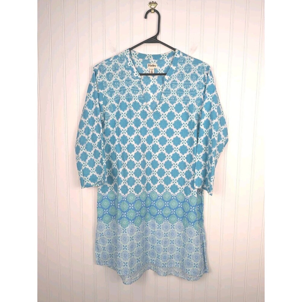 Hatley Women's Dress Lucy Size S Blue‎ And White Tunic Cotton Ikat 3/4 Sleeve